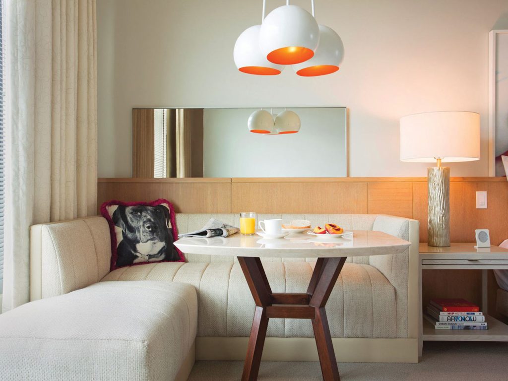 Couch and table in a Luxury King room at 21c Bentonville