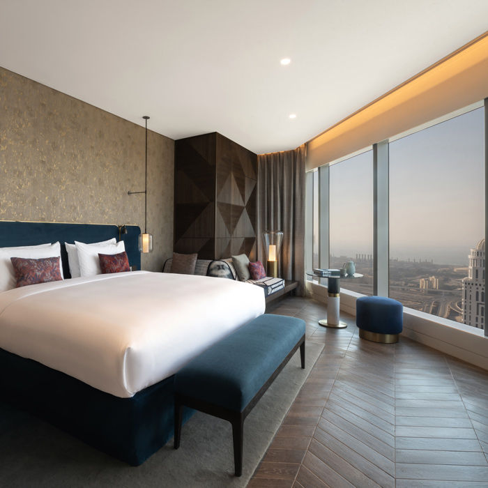 Bedroom with breathtaking views of Dubai city landscape